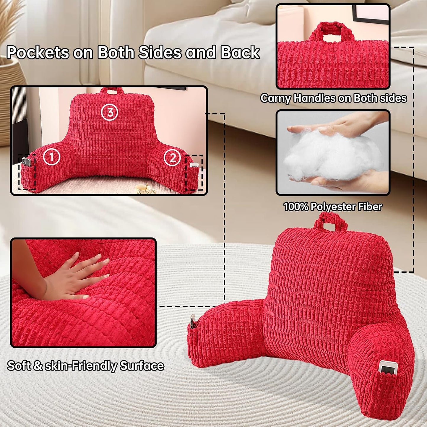 Reading Pillow with Arms for Sitting in Bed,Backrest,White Flannel,M | 17" Backrest Supports Back for College Students,Elbows & Forearms for Dorm Reading,Gaming,Watching TV