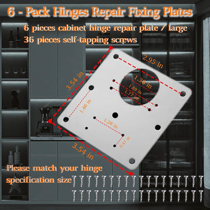 Cabinet Door Hinge Repair Plates, Hinge Repair Fixing Plates Brackets | 6 Pack Metal Cabinet Hinge Repair Replacement Kit, Hinges Repair Fixing Plates Kitchen Cupboard Door Cabinet Large Universal