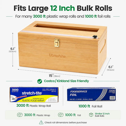 Libreshine 12-Inch Bamboo Plastic Wrap Dispenser with Cutter for Large Roll | Fits many 3000 ft plastic wrap and 1000 ft foil rolls, including Kirkland Signature rolls sold at Costco