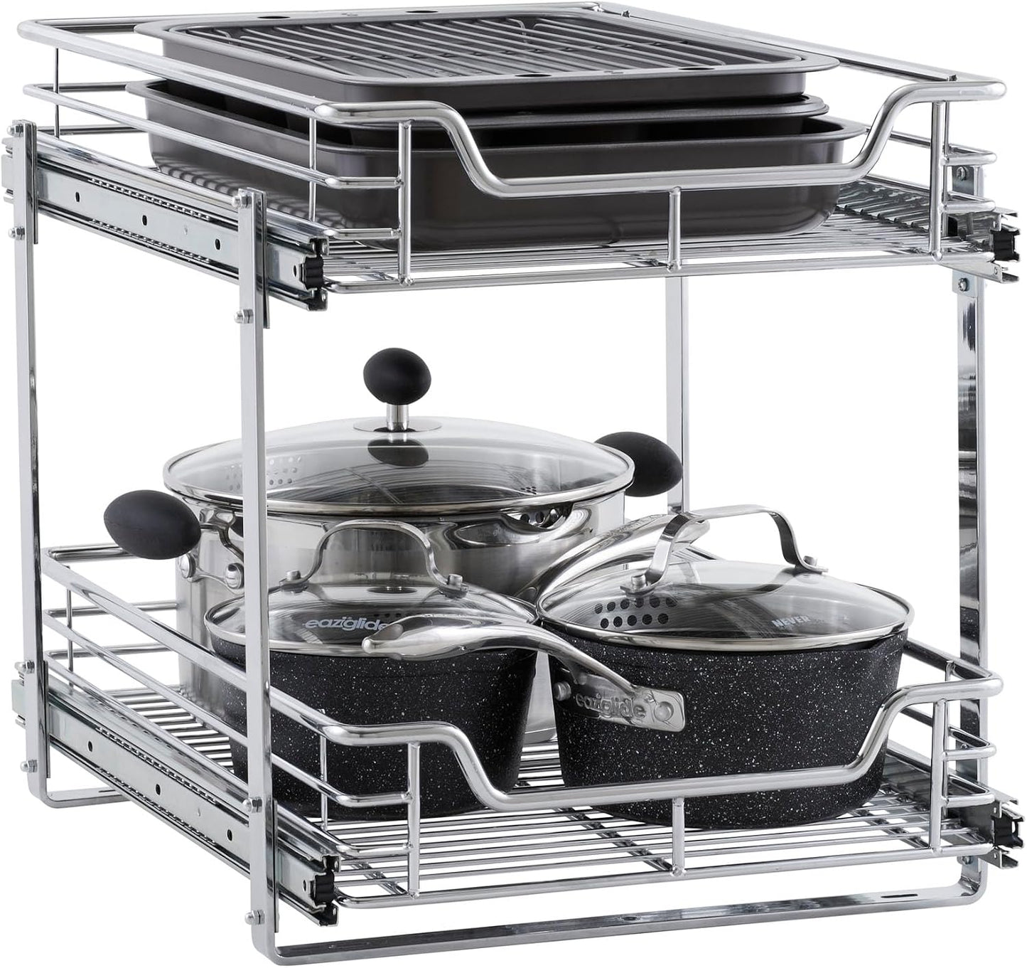 Household Essentials Glidez Multipurpose Chrome-Plated Steel Pull-Out/Slide-Out Storage Organizer for Cookware and Bakeware - 2-Tier Design - Fits Standard Size Cabinet or Shelf, Chrome
