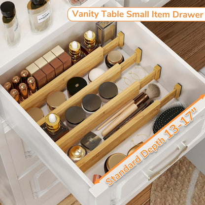 BAMEOS Bamboo Expandable Drawer Dividers – Fits 16.6"–22" Drawers, 2" High, Set of 4 | Spring-Loaded Bamboo Separator for Kitchen Island, Bathroom Vanity & Dresser Drawers