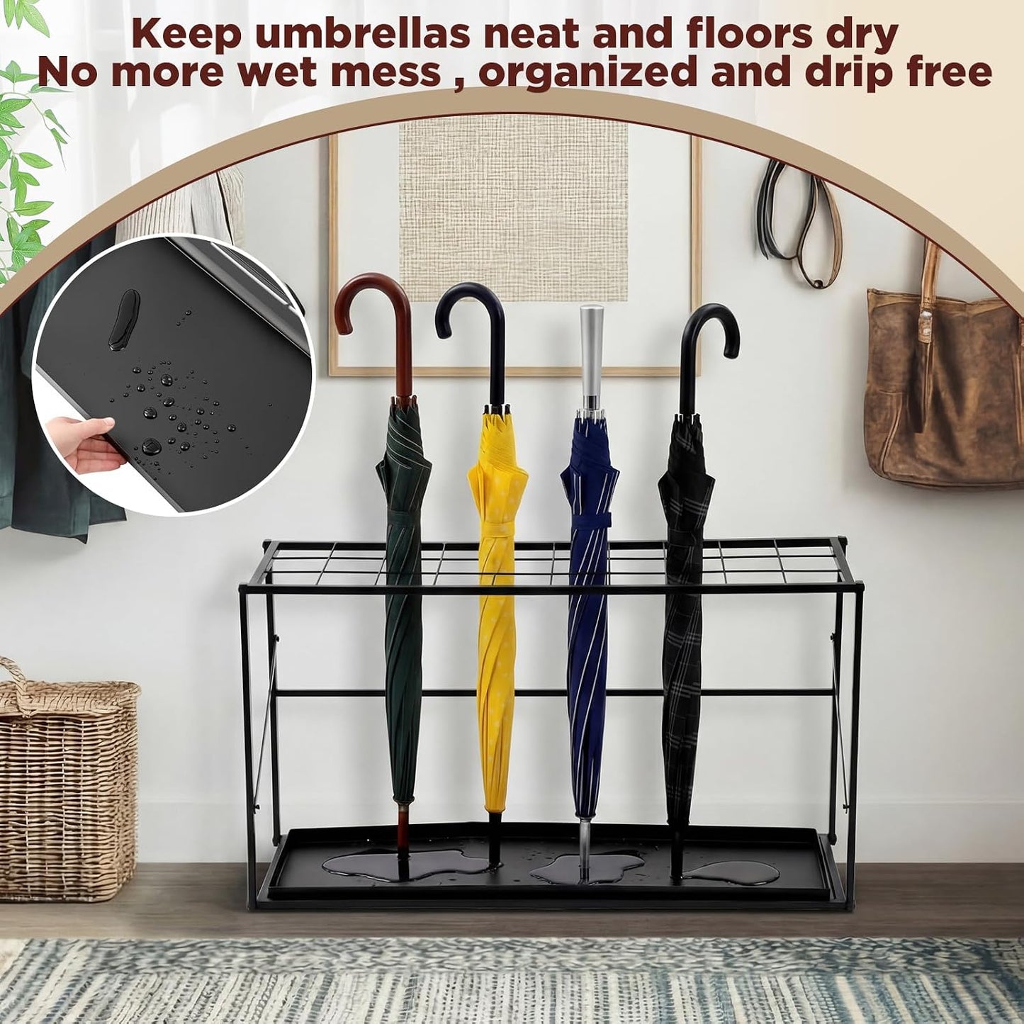 Colingmill Folding Umbrella Storage Stand Rack Holder Organizer Free Standing Umbrella Rack with Removable Drip Tray for Entryway Home Office Hotel Entry Hallway (L35.51 X W11.89 X H19.69 Inch)