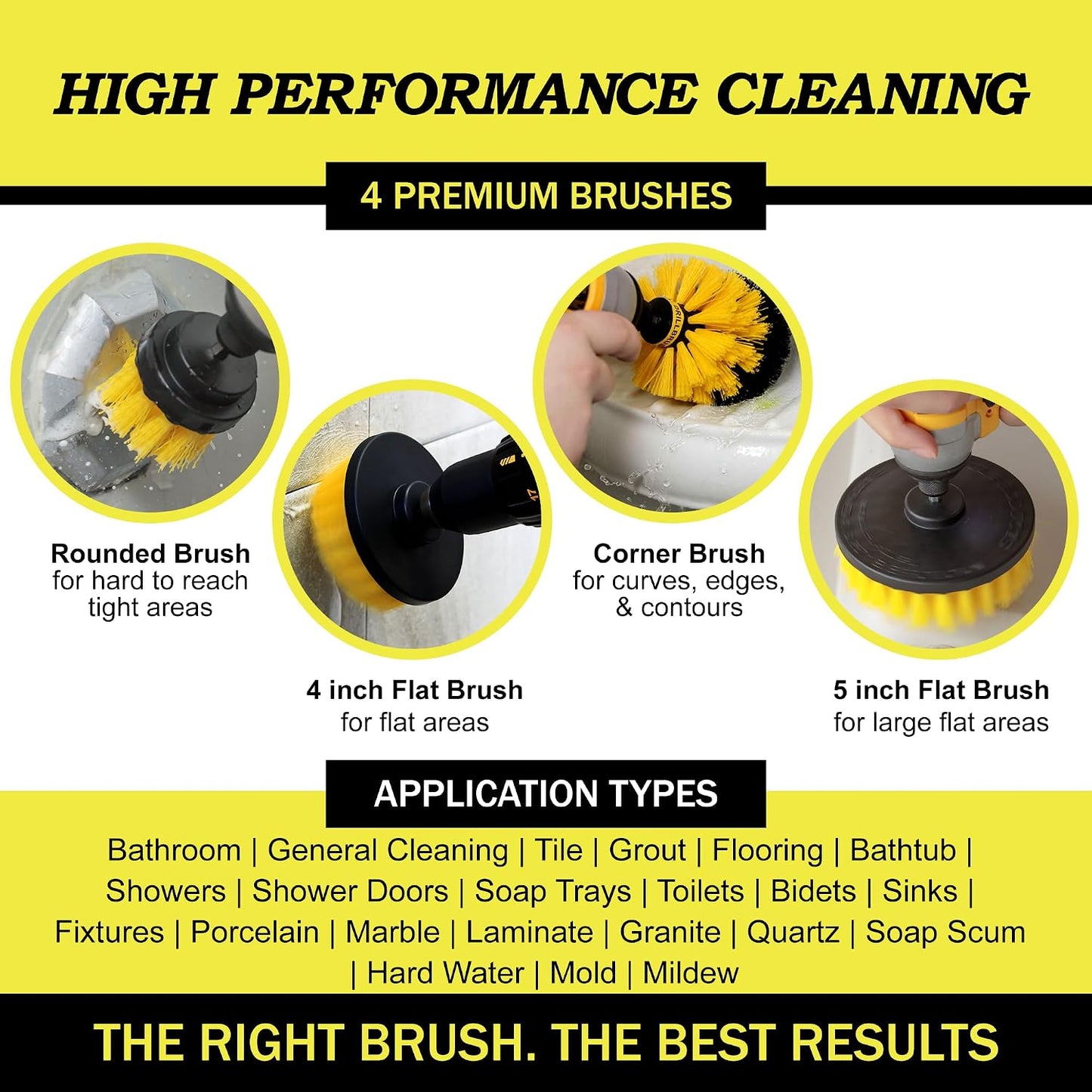 Drillbrush Electric Nylon Drill Brush Attachment Set for Bathroom Cleaning | Power Scrubber Brush Kit for Bathtub, Shower & Tile - Grout Cleaner Kit - All-Purpose Household Cleaning Brushes for Drill