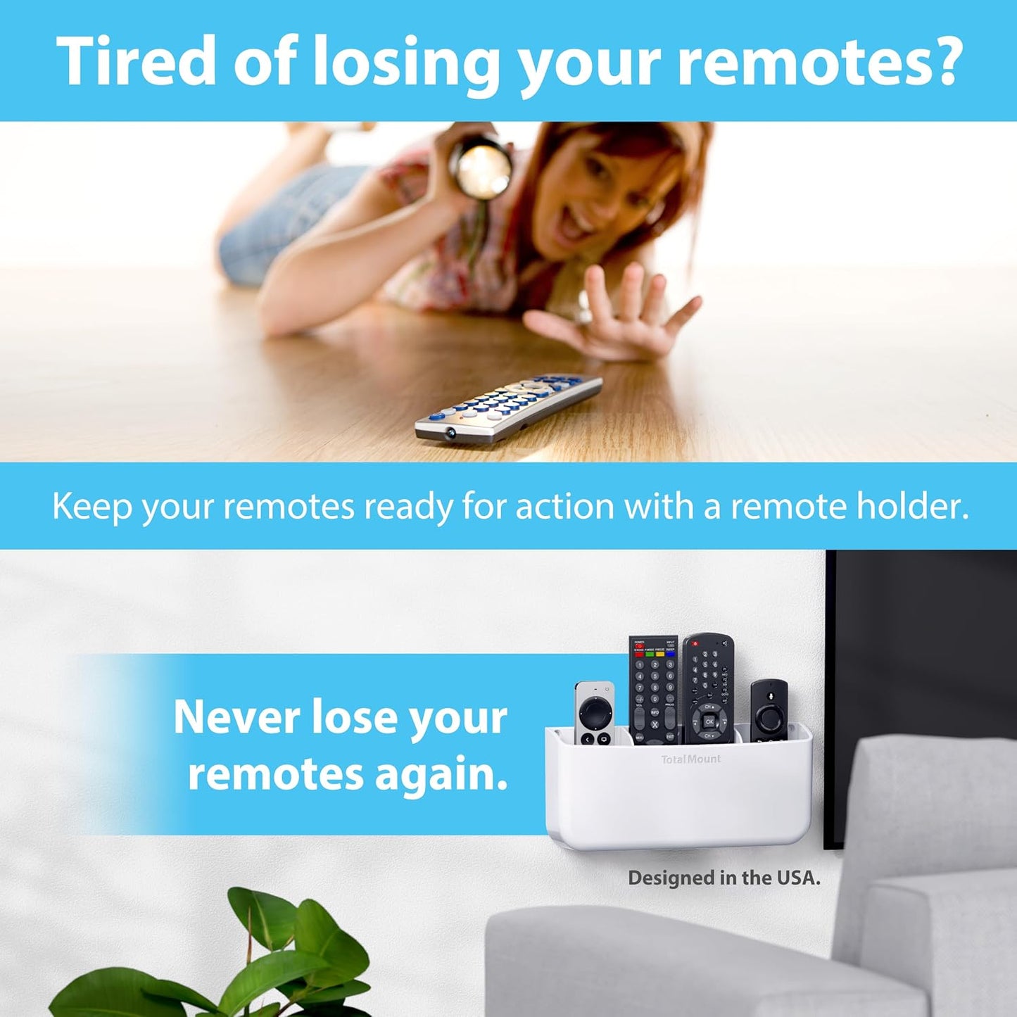 TotalMount Drop-Free Remote Holder – Removable Adhesive Strips – XL Black | Designed in the USA – Simply Put the Remotes In – No Tricky Magnet Alignment Needed (Holds 3 or 4 Remote Controls)