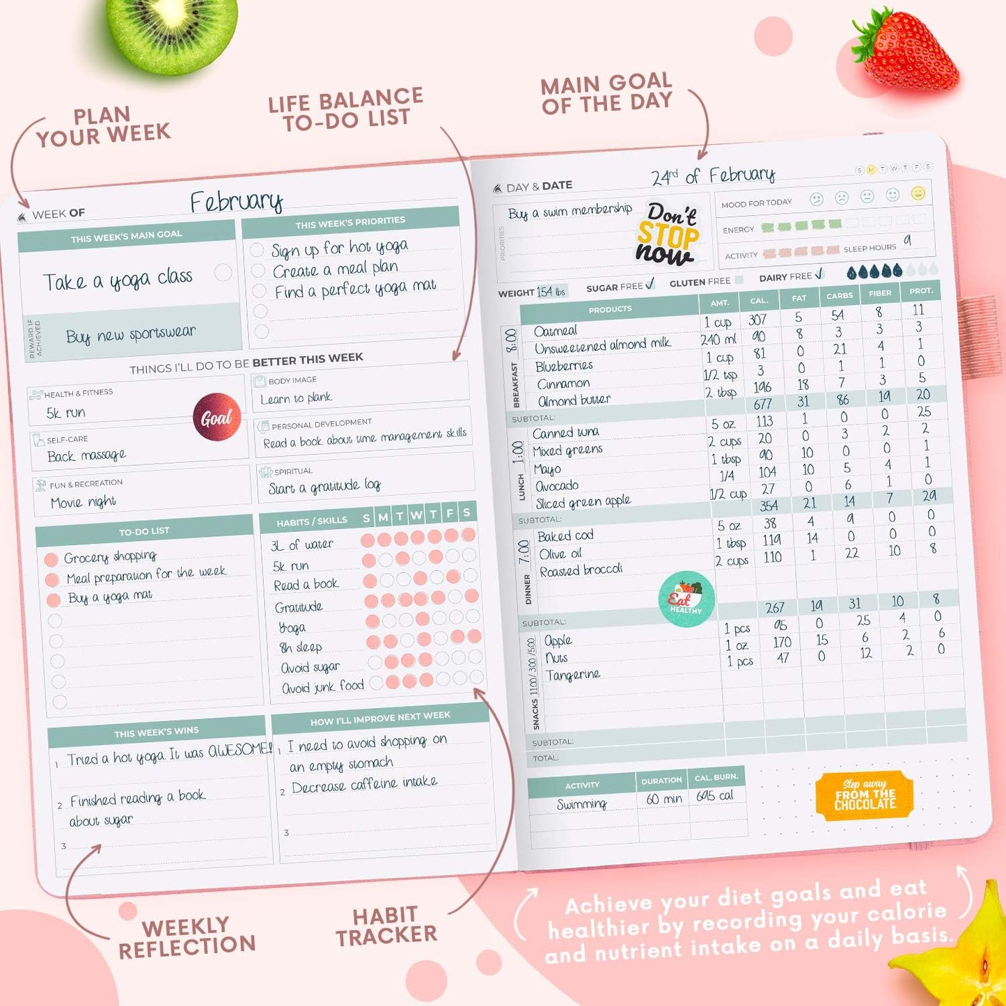 Clever Fox Wellness Planner & Food Journal for Weight Loss, A5 Orange | 5.8"x8.3" nutrition & exercise tracker for women tracking meals, diet & symptom diary, calorie counter notebook, stickers