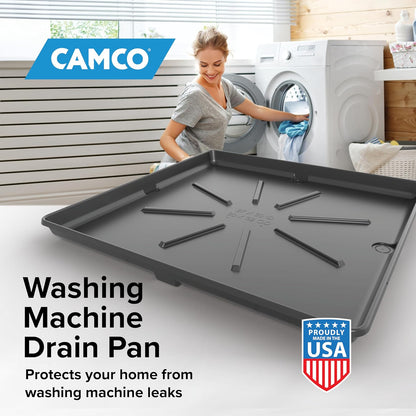 Camco Low Profile Washing Machine Drain Pan with PVC Fitting, 29 inch x 33 inch ID and 31 inch x 35 inch OD - Protects Your Floors from Washing Machine Leaks - Easy to Use - Pewter - 20788
