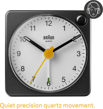 Braun Classic Travel Analogue Alarm Clock with Snooze and Light, Compact Size, Quiet Quartz Movement, Crescendo Beep Alarm in Black and White, Model BC02XBW.