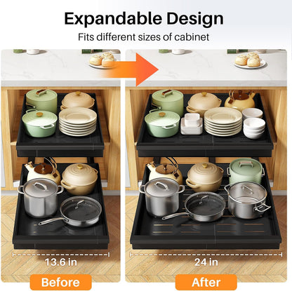 Pull out Cabinet Organizer, 1-Pack Expandable(13.6"-24") Silde out Drawers with Raising Pad for Framed Cabinets, Adjustable Full-Extension Adhesive Roll out Shelves for Kitchen Pantry Home Pot and Pan