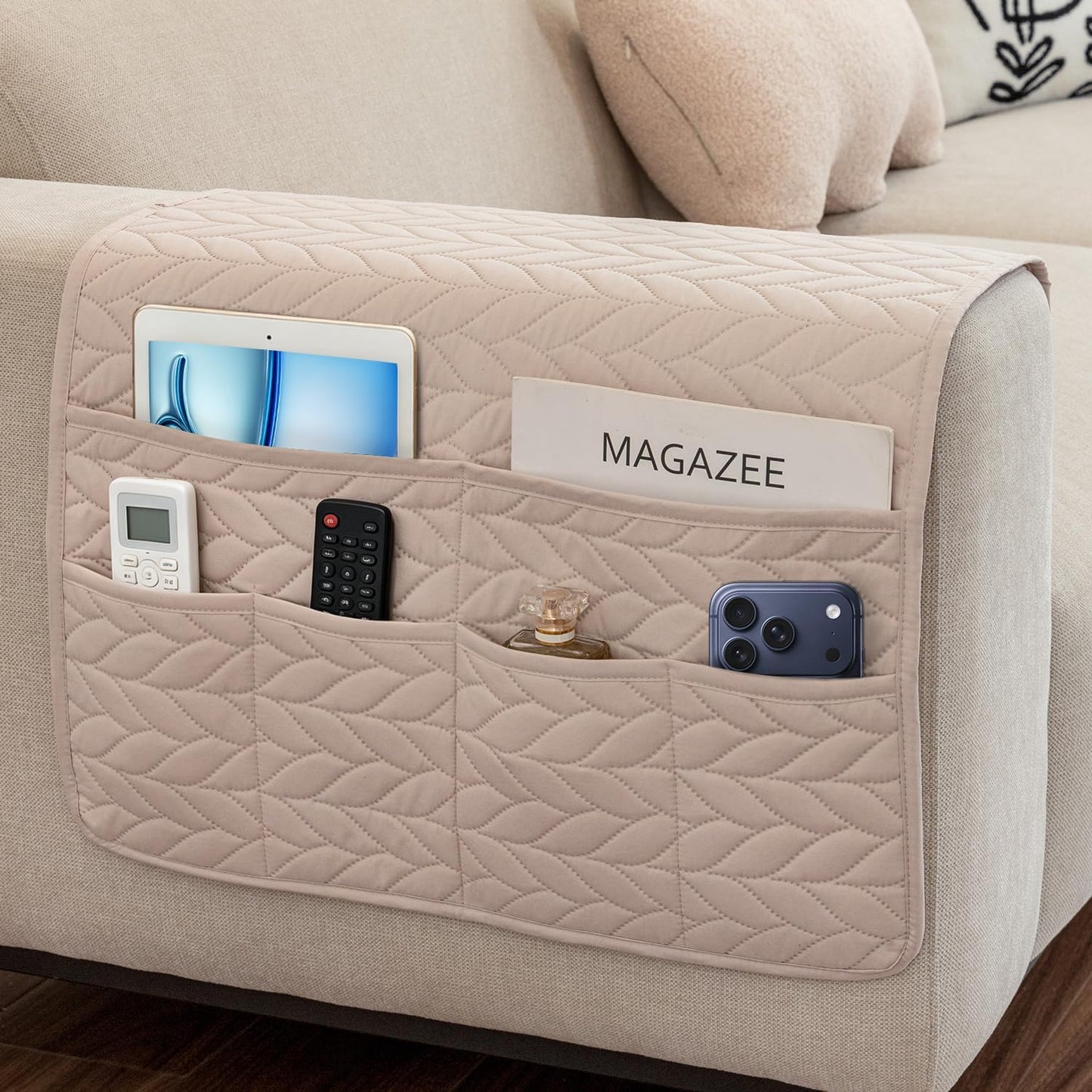 Remote Control Holder for Armchair, Couch Caddy Organizer TV Remote Holder for Recliner Couch With 6 Pockets, Non-Slip Arm Chair Caddy Bedside Table Organizer for Magazine, Tablet, Phone, iPad (Grey)