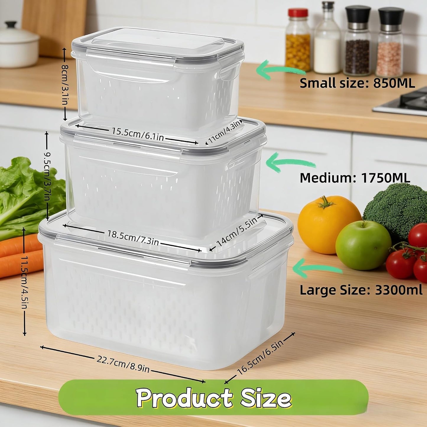 Fruit Storage Containers for Fridge, 4 in 1 Food Storage Container with Removable Colander, Airtight Produce Saver, Stackable Fridge Organizer for Wash, Drain & Store (Gray, S)