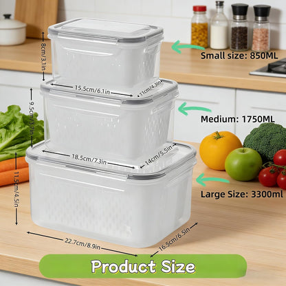Fruit Storage Containers for Fridge, 4 in 1 Food Storage Container with Removable Colander, Airtight Produce Saver, Stackable Fridge Organizer for Wash, Drain & Store (Gray, S)