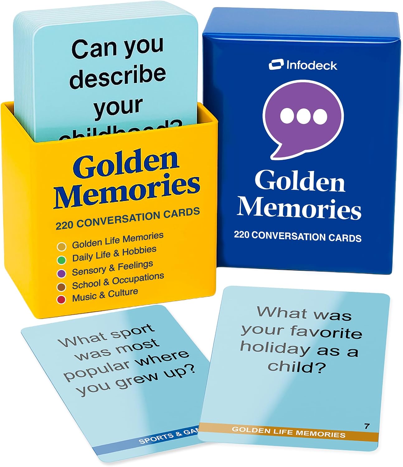 Golden Memories – 220 Conversation Cards for Seniors with Dementia & Alzheimer’s – Meaningful Conversations & Memory Activities for Solo or Group Engagement | Infodeck
