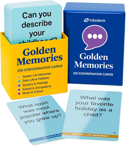 Golden Memories – 220 Conversation Cards for Seniors with Dementia & Alzheimer’s – Meaningful Conversations & Memory Activities for Solo or Group Engagement | Infodeck