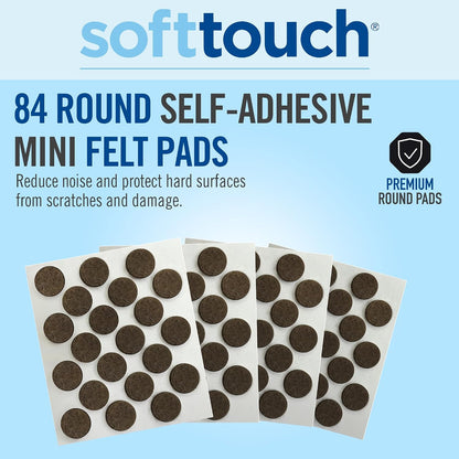 SoftTouch 3/8" Round Mini Self-Stick Furniture Slider Felt Pads for Hard Surfaces, Noise-Reducing Adhesive Furniture Moving Pads for Beds, Sofas, Dressers, 84-Count, Brown