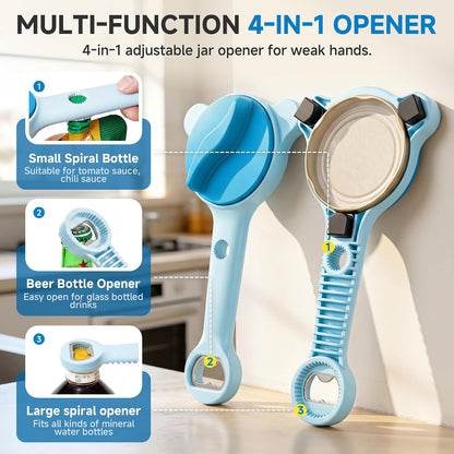 2026 Upgraded 4-in-1 Jar Opener - Adjustable Stainless Steel Lid Remover for Seniors & Arthritis Sufferers, Fits Kitchen Jars, Bottles & Cans Blue