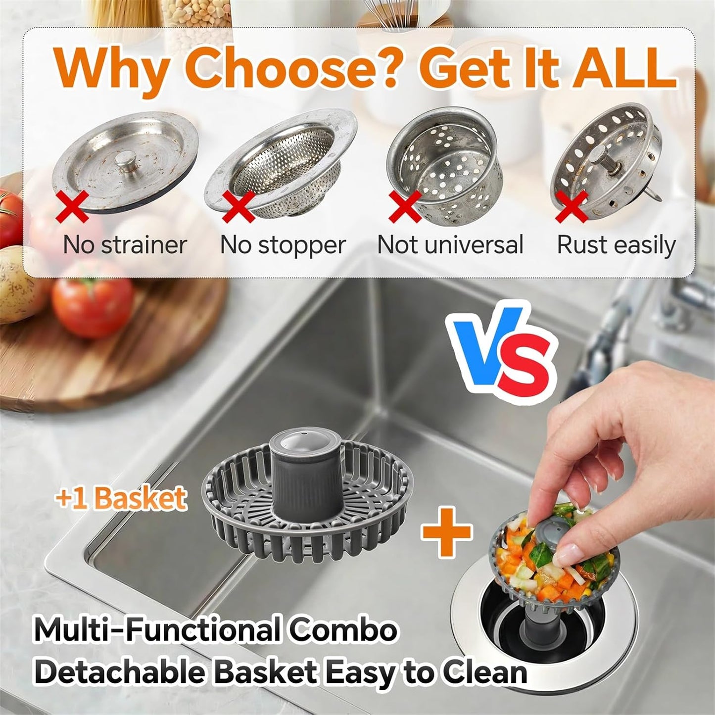 Solid Brass Body 3-in-1 Kitchen Sink Drain Strainer & Stopper, Heavy Duty Pop Up Plug Assembly with 2 Baskets, Anti-Clog Replacement for US Standard 3-1/2 Inch Drains, Rust-Proof Silver