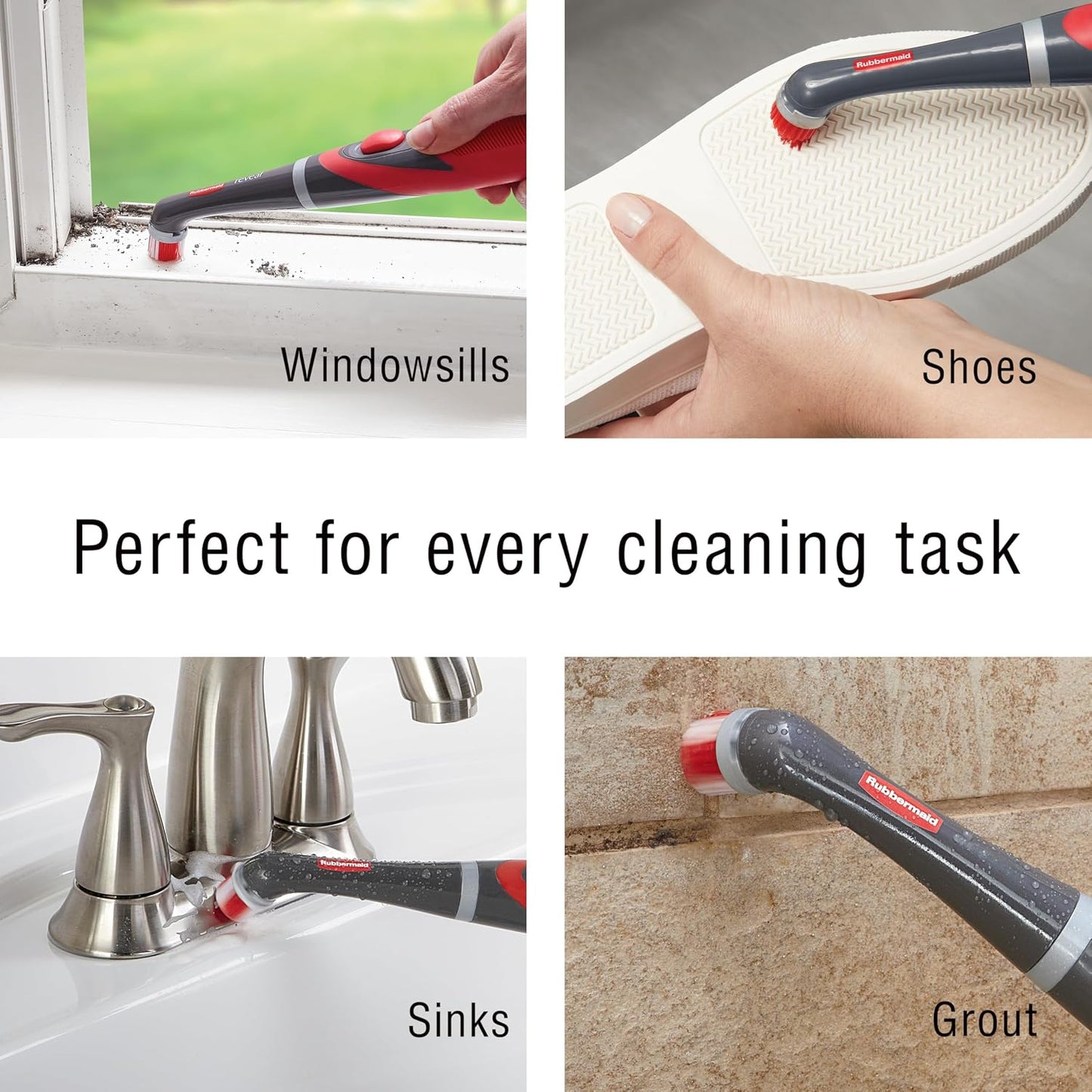 Rubbermaid Reveal Power Scrubber with Multi-Purpose & Grout Head, Cordless Electric Battery Powered Scrub Brush, Water Resistant, for Home/Kitchen/Bathroom/Grout/Tile/Shower/Tub