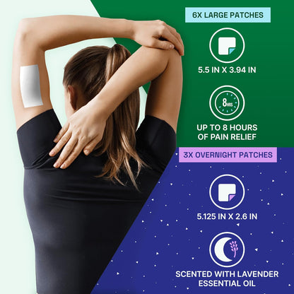 Biofreeze Day & Overnight Pain Relief Patches, Menthol Pain Patches for Arthritis & Muscle Pain Relief, Comfortable & Flexible Fabric Stays in Place, 9 Patches (6 Day, 3 Night)