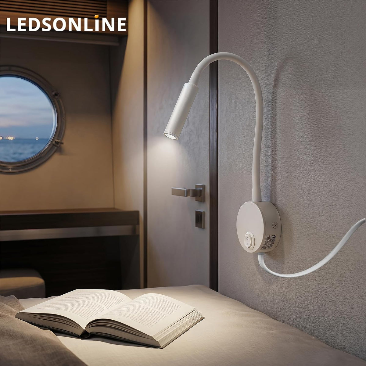 Wall Mounted LED Reading Lamp Focused 25° Spotlight for Bedroom headboard Marine Cabin Boat Yacht Interior Light Hotel Suite Hospital Patient Room Bedside Sconce 4.92ft Cord