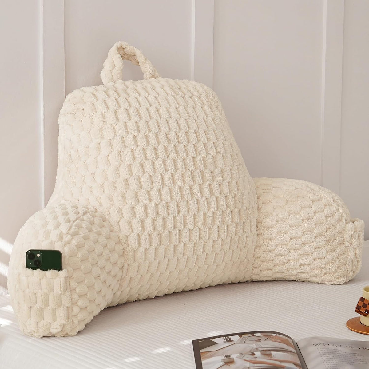 Large Reading Pillow for Adults, Back Support Pillow for Sitting Up in Bed with Arms, Couch for Lounging Bedrest, Pink