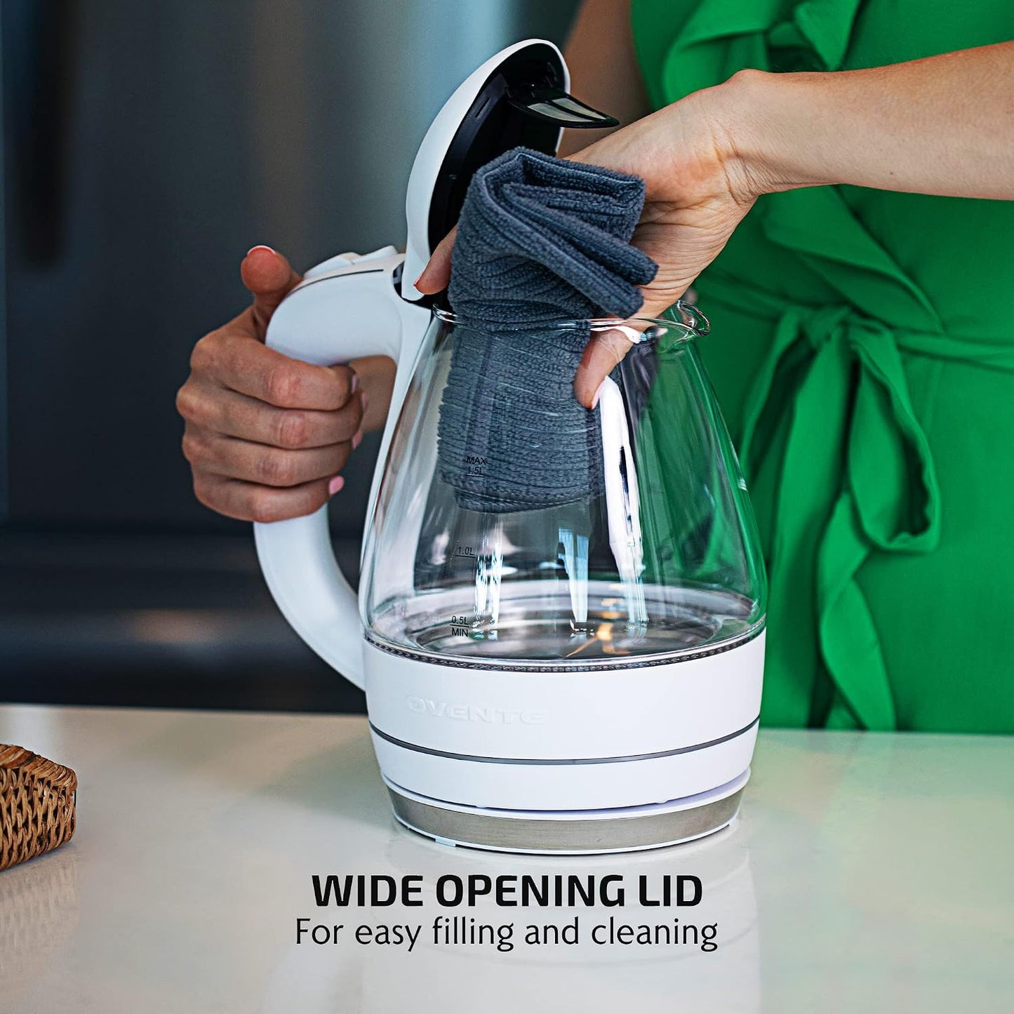 OVENTE 1.5L Glass Electric Kettle Water Boiler, Black KG83B | 1100W Fast Boiling, Borosilicate Glass, BPA-Free, Blue LED, Auto Shut-Off, Boil-Dry Protection, Removable Filter, 360° Base