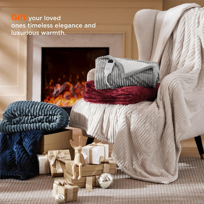 Bedsure GentleSoft Heated Blanket Throw - Soft Ribbed Flannel Electric Blanket, Gifts for Grandma (50x60 inches, Grey)