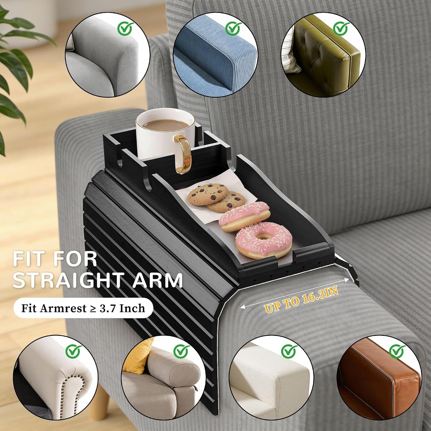Korser Couch Armrest Table, Sofa Arm Tray with Removable Cup Holder, 2 in 1 Anti-Slip Armrest Tray Table for Couch, Bamboo Foldable Couch Cup Holder for Drinks Snacks Phone Remote Control