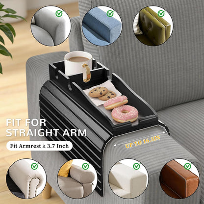 Korser Couch Armrest Table, Sofa Arm Tray with Removable Cup Holder, 2 in 1 Anti-Slip Armrest Tray Table for Couch, Bamboo Foldable Couch Cup Holder for Drinks Snacks Phone Remote Control