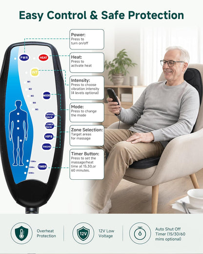 Snailax Back Massager with Heat, Vibration Massage Chair Pad, Seat Cushion | 10 Motors, 5 Modes, 3 Intensities, 2 Heat Settings, 3 Heating Areas, 30/60/90-Min Timer, Foldable, Carry Bag, 2026 Upgraded