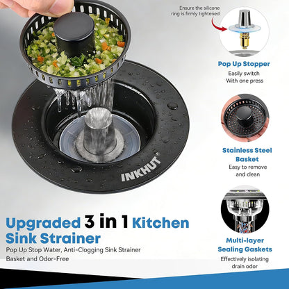Upgraded 3 in 1 Kitchen Sink Drain Strainer | Stainless Steel Sink Stopper, Anti-Clogging Food Catcher Basket, Bounce Core Drain Strainer Plug for 3 1/2 inch Drain
