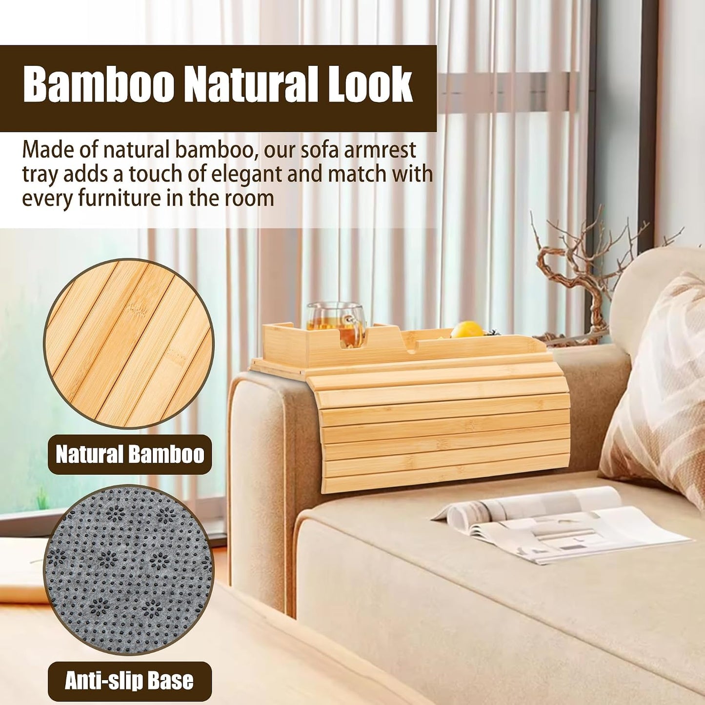 Bamboo Couch Cup Holder, Foldable and Anti-Slip Sofa Arm Table with Detachable Sofa Arm Organizer Tray, Portable 2 in 1 Sofa Armrest Tray for Drink, Coffee, Cup, Remote, Snacks, Cellphone, Glasses