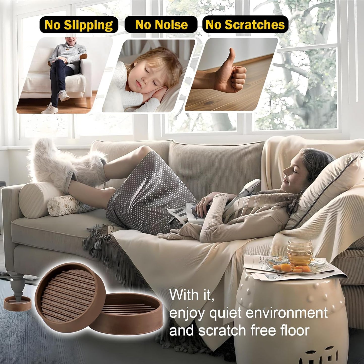 xxxHOLIC Rubber Non Slip Furniture Pads, 2" Black Round, Set of 4 | Furniture Grippers for Hardwood Floors, Anti Skid Caster Cups, Bed Frame & Couch Stoppers, Floor Protectors for Heavy Duty