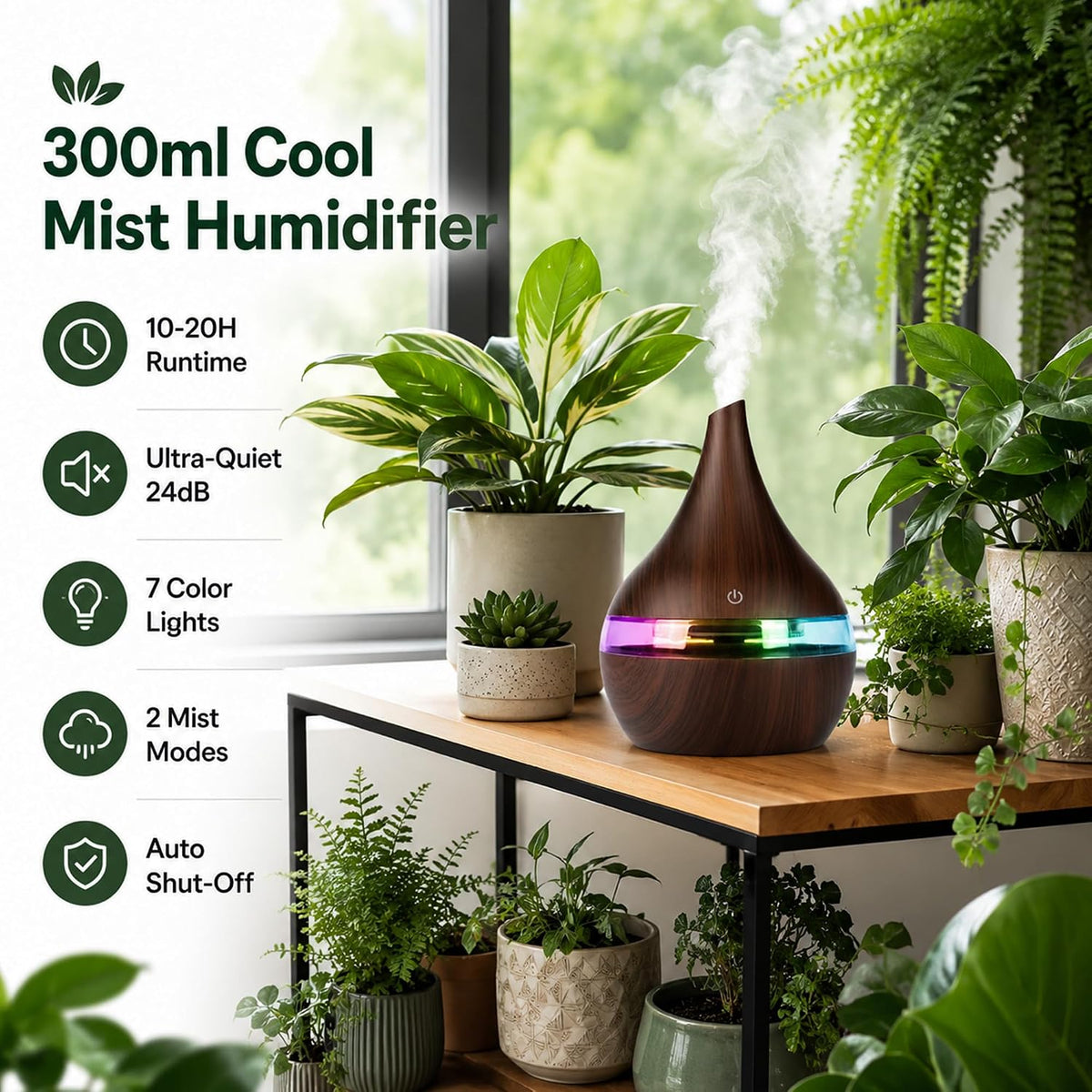 300ml Cool Mist 7 Colorful Lights Humidifier, 10-20 Hour Runtime for Plants