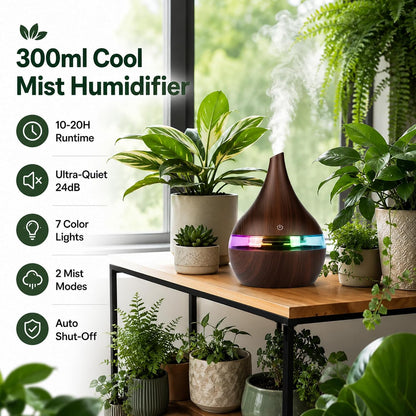 300ml Cool Mist 7 Colorful Lights Humidifier, 10-20 Hour Runtime for Plants