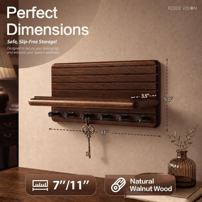 Rebee Vision Pine Wood Key Holder Wall Mount with Shelf for Entryway, Brown | 6 Key Hooks, Round Corner, Smooth&Hand-Friendly, Clear Wood Texture, Space-Saving Design, Organize Mail & Letter