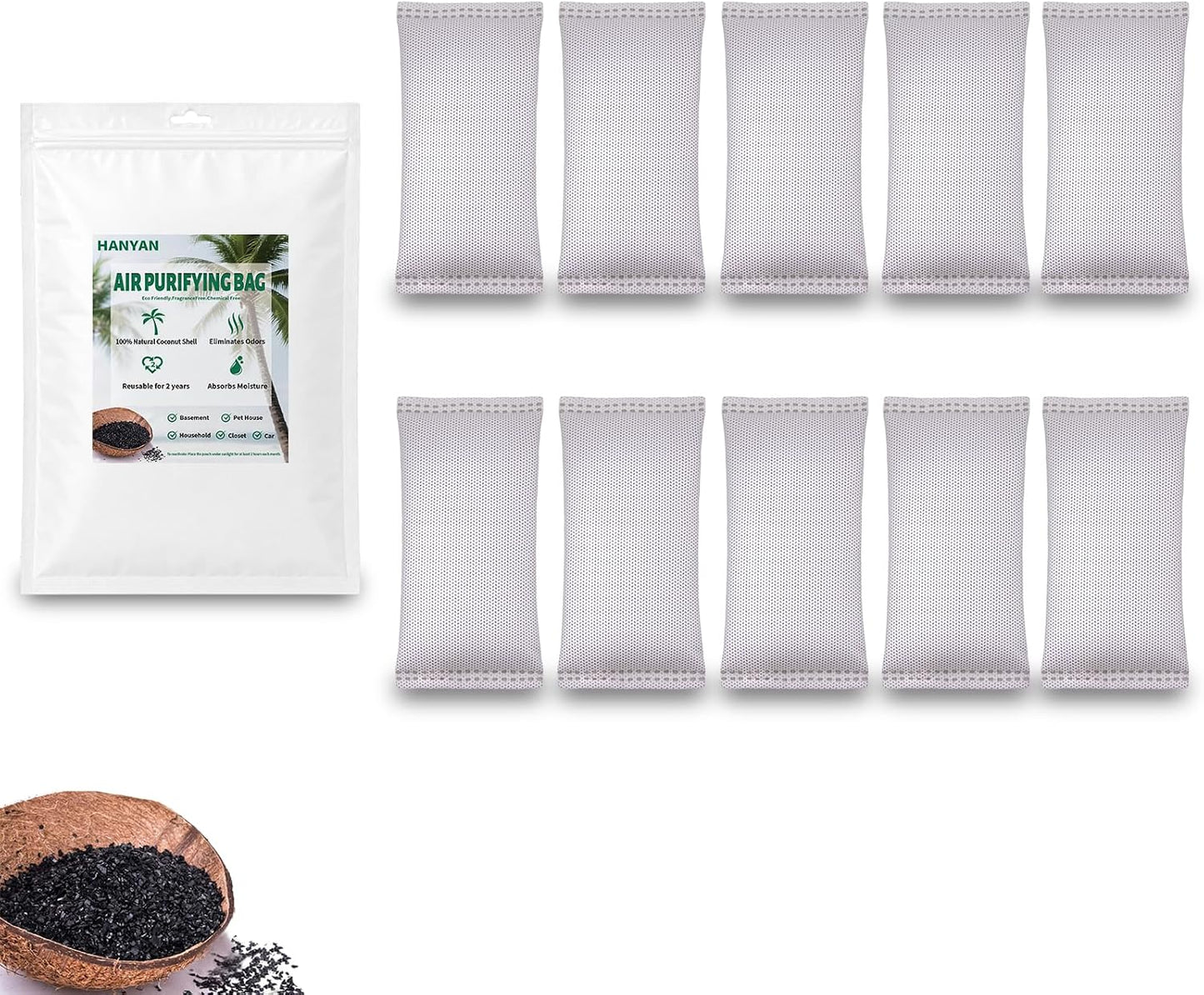 Coconut Shell Charcoal Air Purifying Bags 50g, Removes Odors and Moisture, Nature Fresh Air Purifier Bags, Odor Eliminator for Home, Car, Pets, Bathroom, Basement(4 x 50g)