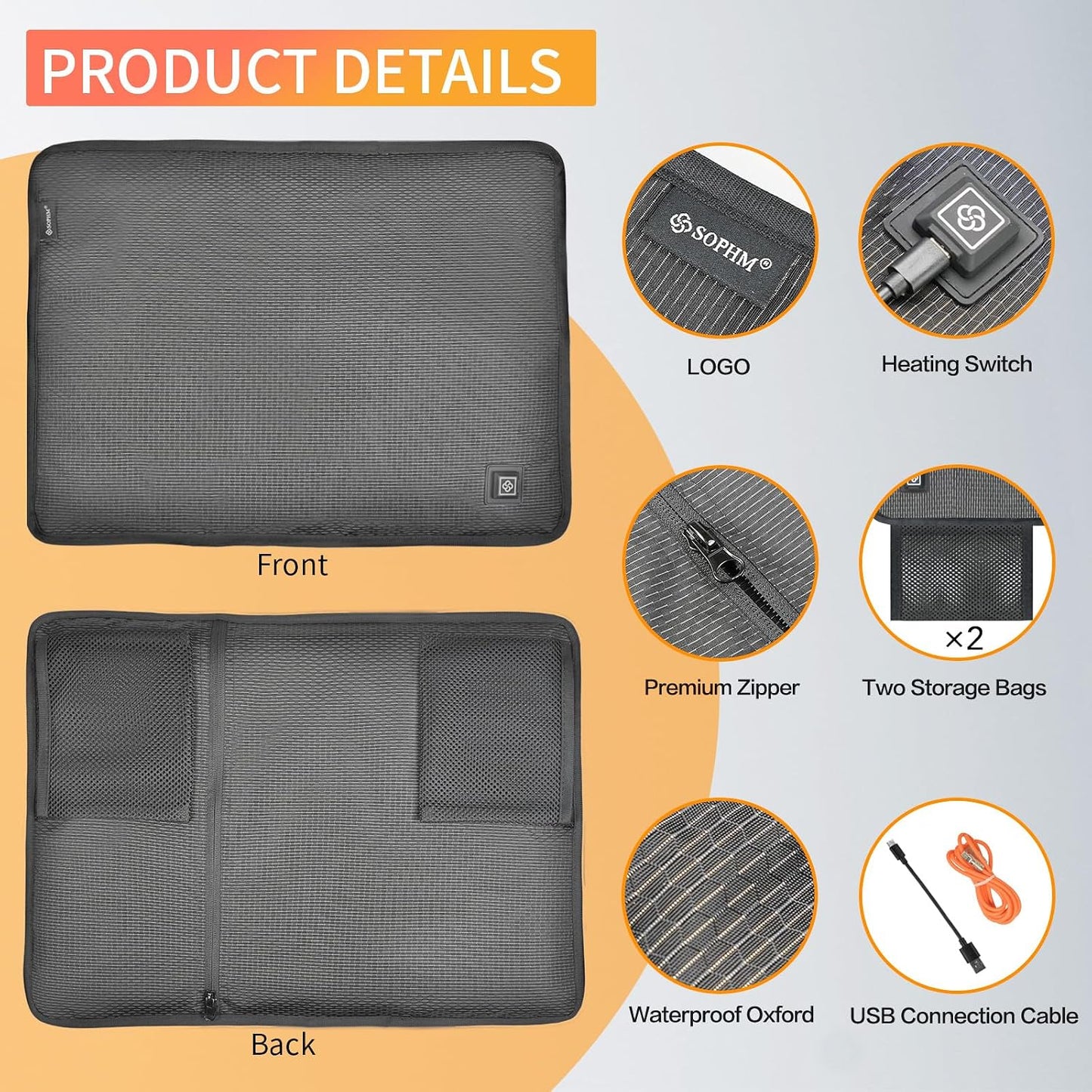Portable Foldable Heated Stadium Seat Cushion - 3 Heat Settings USB Powered with Detachable XPE Foam for Bleachers, Camping Chairs, Outdoor Events (Power Bank Not Included)