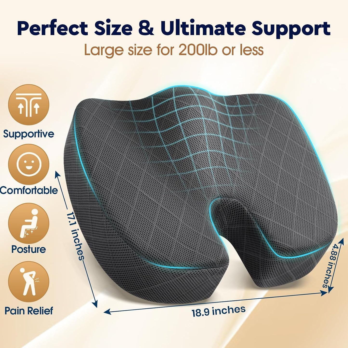 TushGuard Office/ Car Seat Cushion, Non-Slip Sciatica & Back Coccyx Tailbone Pain Relief Chair Pad, Memory Foam Butt Pillow for Computer Desk, Wheelchair, Driving (Black)