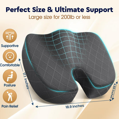 TushGuard Office/ Car Seat Cushion, Non-Slip Sciatica & Back Coccyx Tailbone Pain Relief Chair Pad, Memory Foam Butt Pillow for Computer Desk, Wheelchair, Driving (Black)