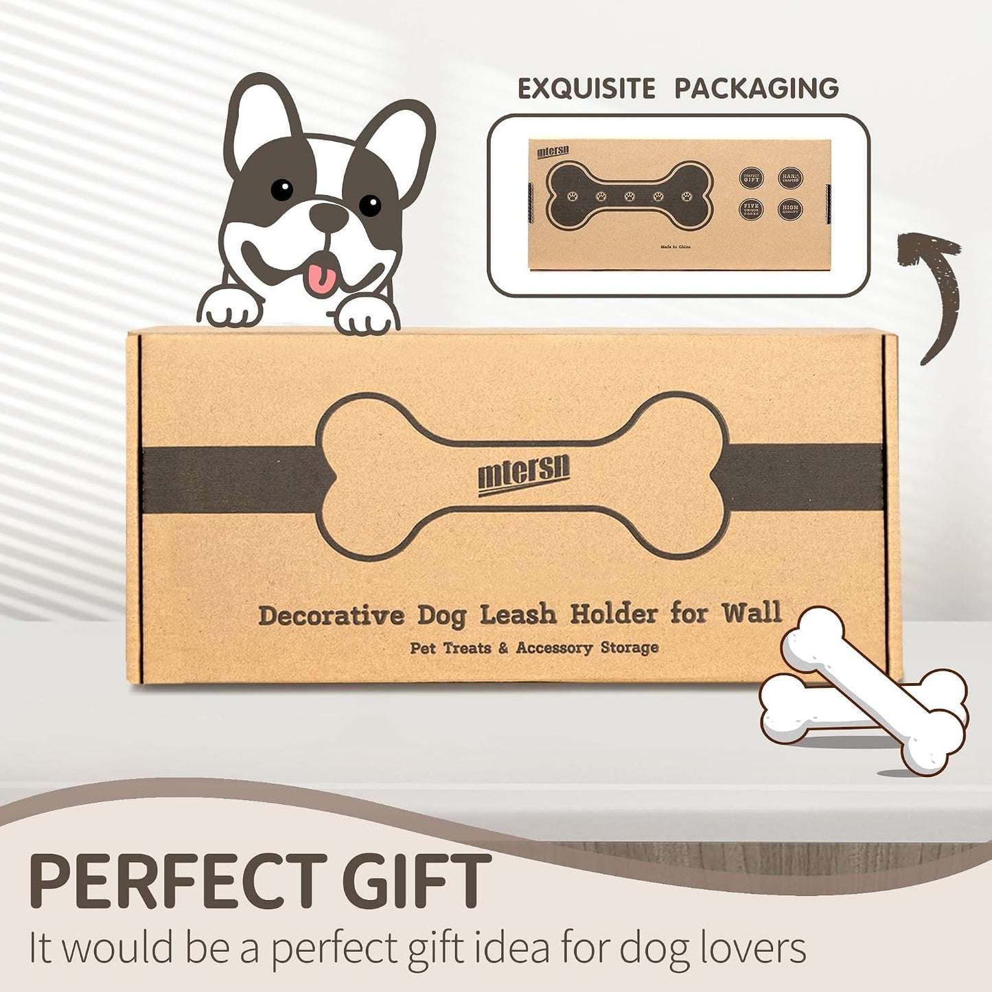 MTERSN Dog Leash Holder Wall Mount with 3D Paws Hooks, Distressed White | Bone-Shaped Dog Leash Holder for Wall, Leash Holder, 5 Dog Leash Hook, Pet Accessories Storage, Gift for Dog Lovers
