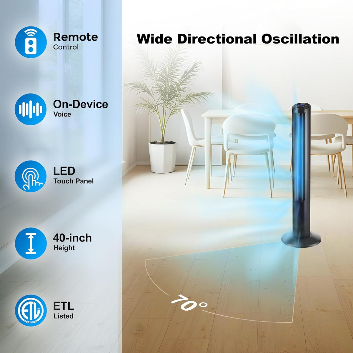 Emerson SmartVoice 40” Tower Fan, Wi-Fi-free Voice Control Fan, Hands-Free Cooling, No WiFi, No App, 70° Oscillation, 3 Speeds, 15-Hr Timer, Sleep Mode & Remote Control