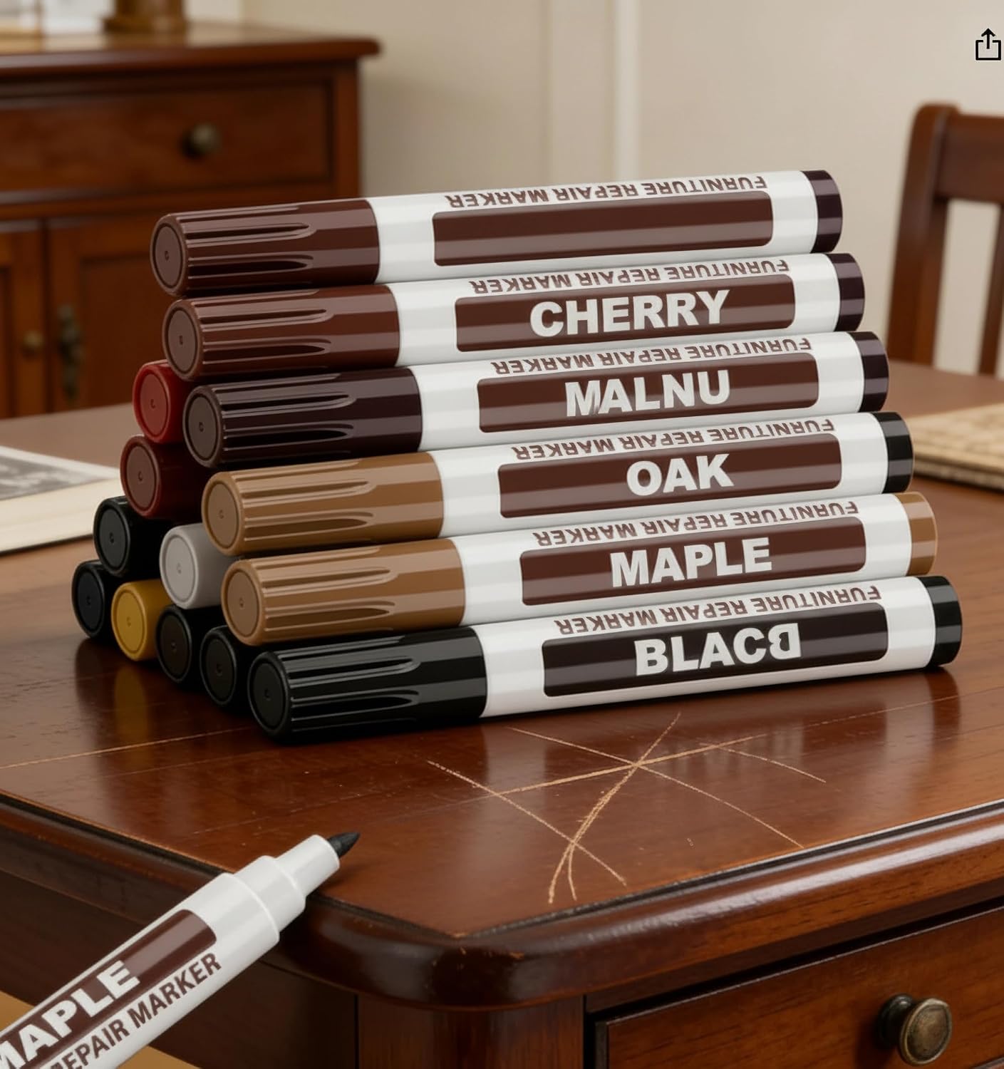 6 Pack Wood Furniture Repair Markers, Quick Dry Touch Up Pens to Cover Scratches, Stains and Defects on Hardwood Floor, Cabinet, Wooden Door, Furniture Repair Kit for Home Use