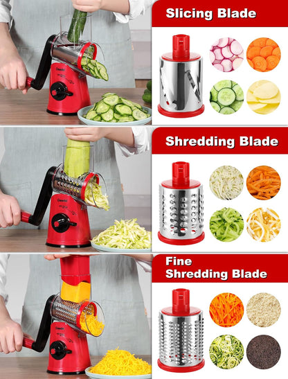 Geedel Rotary Cheese Grater, Kitchen Mandoline Vegetable Slicer with 3 Interchangeable Blades, Easy to Clean Rotary Grater Slicer for Fruit, Vegetables, Nuts | 3 Blades, 430 Stainless Steel, 12x Fast Cutting, Strong Suction Base, No BPA, Dishwasher Safe,