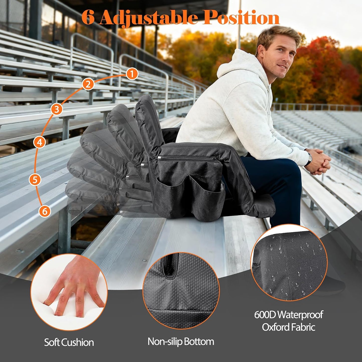 20.5"/25" Wide Stadium Seat for Bleachers w/Back Support Padded Cushion Portable Reclining Bleacher Seats Camping Stadium Chair Waterproof