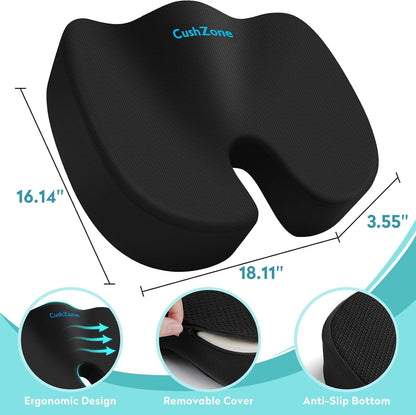 Gel Seat Cushion, Enhanced Memory Foam Cushion for Tailbone Pain, Black | Cooling Gel for Office Chair, U-shaped Design Chair Cushion for Gaming, Car, Wheelchair, Non-Slip Base, Washable Cover