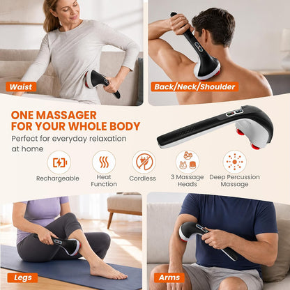 Snailax Cordless Handheld Back Massager with Heat, Percussion, Rechargeable
