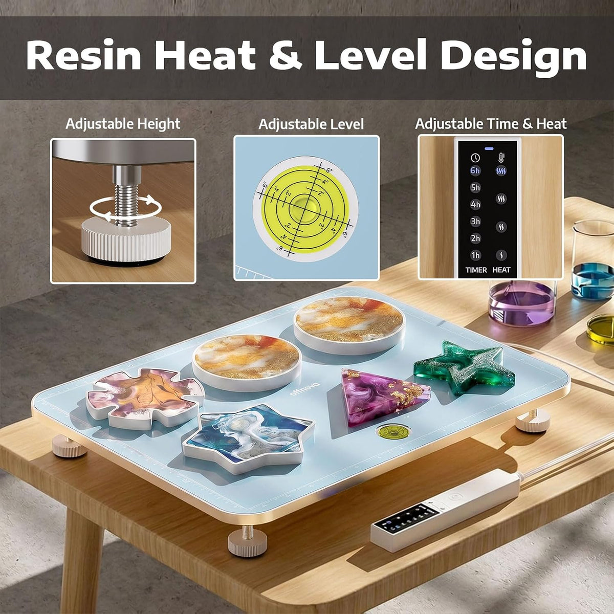 OFFNOVA Resin Heating Mat & Leveling Table, 2-in-1 Resin Tools for Epoxy Resin, Resin Curing Machine for Resin Molds, Undeformed Resin Dryer with Smart Timer & Temperature Control, Silicone Mat