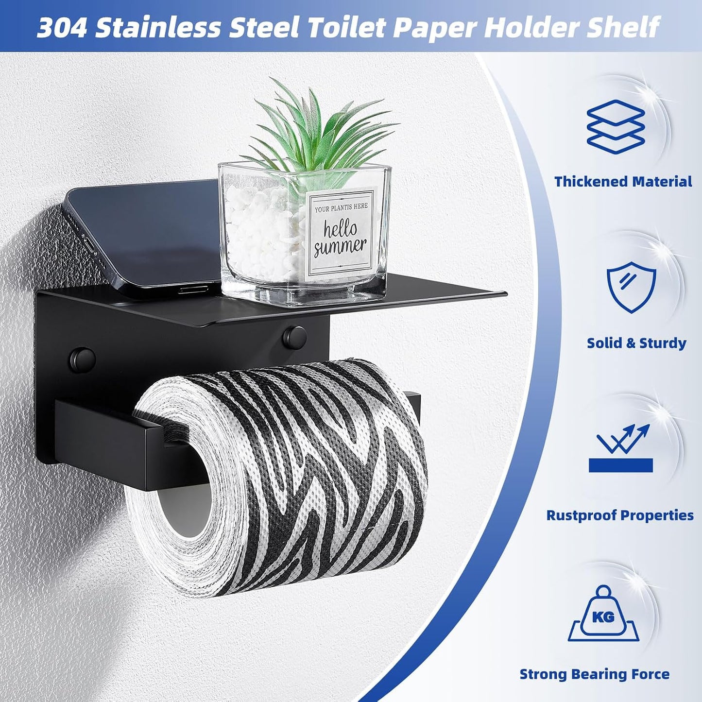 APLusee Matte Black Toilet Paper Holder with Storage Shelf, Wall Mounted | Rustproof 304 Stainless Steel, 2-in-1 Functional Toilet Paper and Phone Storage, Fits Bathroom, Restroom, Vanity, Kitchen
