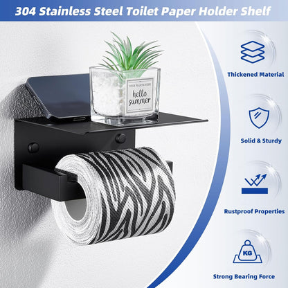 APLusee Matte Black Toilet Paper Holder with Storage Shelf, Wall Mounted | Rustproof 304 Stainless Steel, 2-in-1 Functional Toilet Paper and Phone Storage, Fits Bathroom, Restroom, Vanity, Kitchen