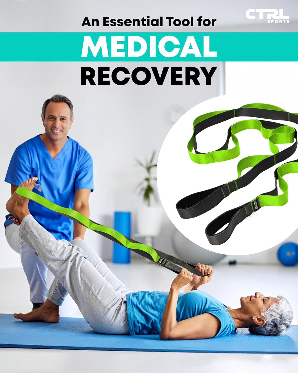 Stretching Strap with Loops - Non Elastic Yoga Strap for Physical Therapy | Video Exercises Included - Stretch bands for Stretching Equipment and Flexibility - Fascia, Hamstring & Leg Stretcher Belt